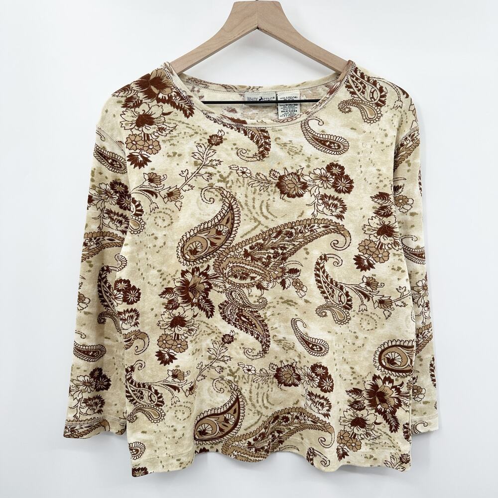 Vintage Y2K Paisley Beaded Long Sleeve Top in Tan Brown Size‎ Large